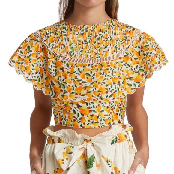 FARM Rio Tops - FARM RIO Cashew Crop Top scallop hem yellow white size XS